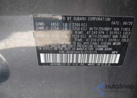2020 Subaru Outback from USA, damaged, VIN 4S4BTAAC9L3229175